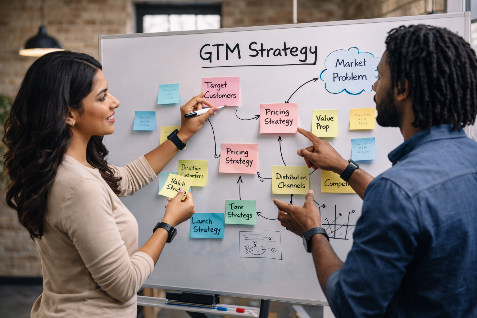 Team collaborating on GTM strategy at whiteboard